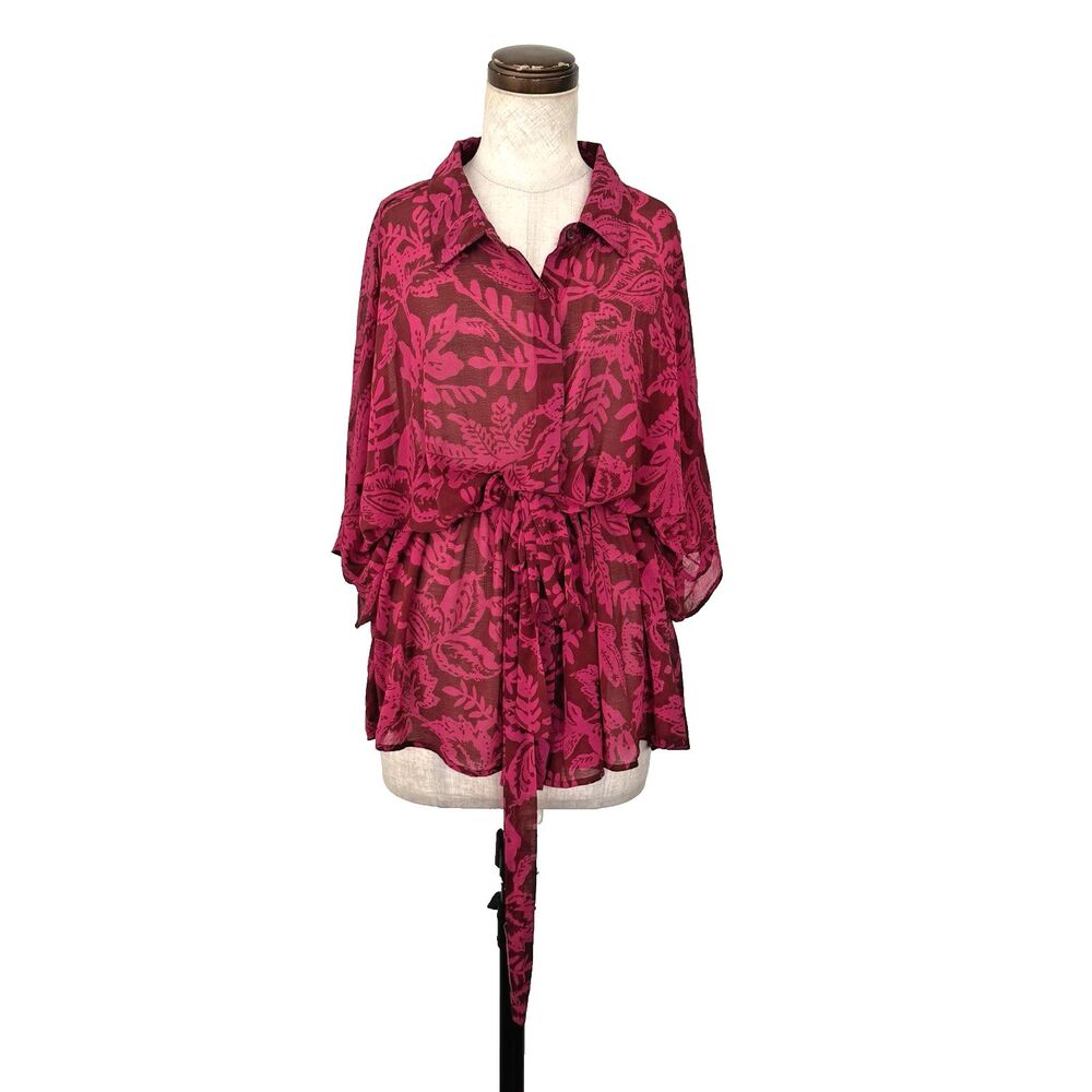 Torrid Blouse Womens Plus 2X/18-20 Red Chiffon Dolman Button Up Floral Top